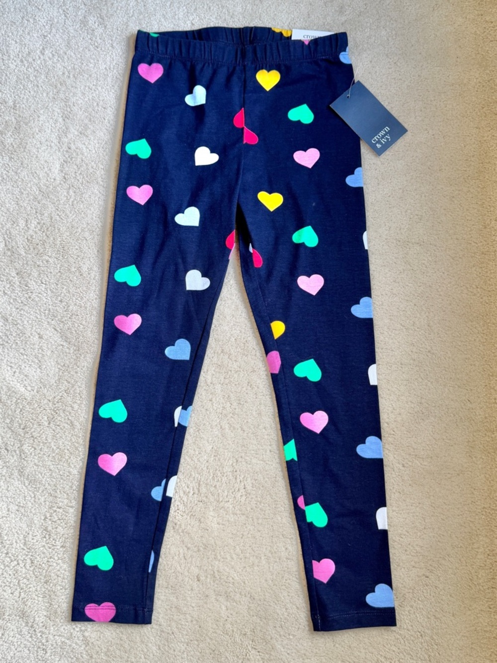 NEW Crown & Ivy Navy Blue Leggings with multi-color hearts Girls Size Small